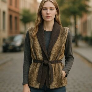 Cripple Creek Fur Vest brown/Tan Chic faux fur sweater knit belted NWT Sz M